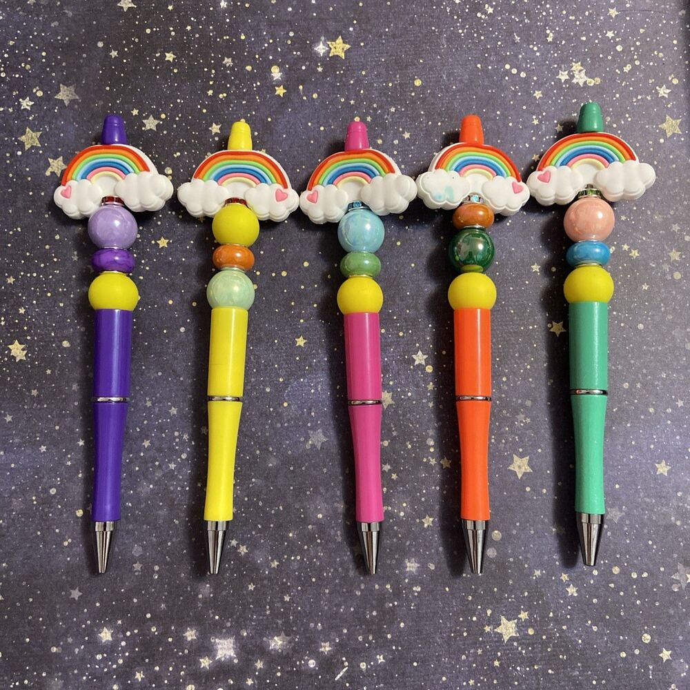 DIY Beadable Pens Rainbows Beads Craft Lot 5 Kits Pink Blue  Party Favors